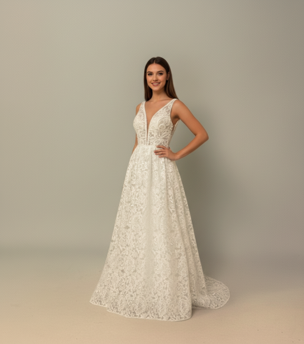 Cappuccino színű csipke menyasszonyi ruha