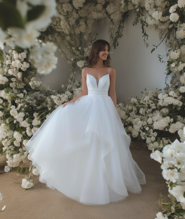 Hófehér hullámos vállpántos menyasszonyi ruha