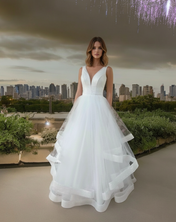 tört fehér csillámló fodros menyasszonyi ruha