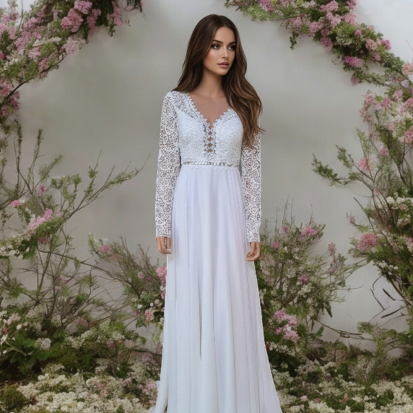 Horgolt csipke ujjas chiffon menyasszonyi ruha