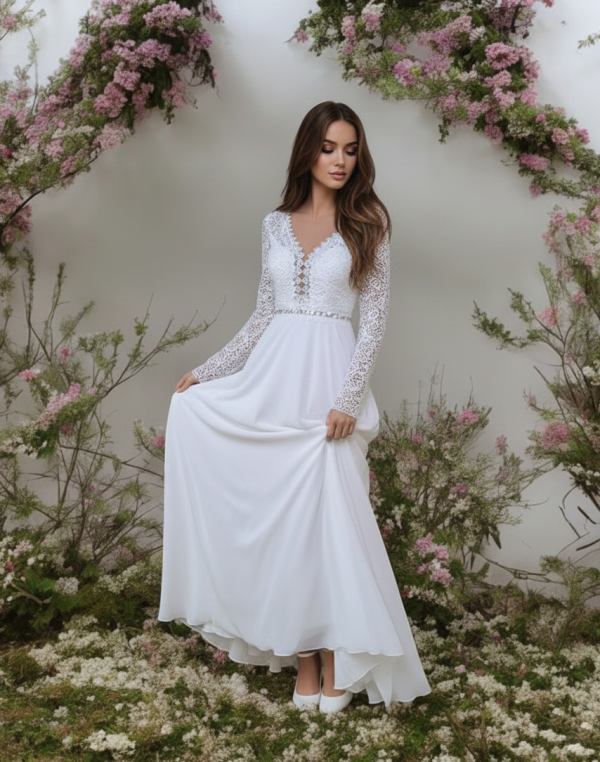 Horgolt csipke ujjas chiffon menyasszonyi ruha