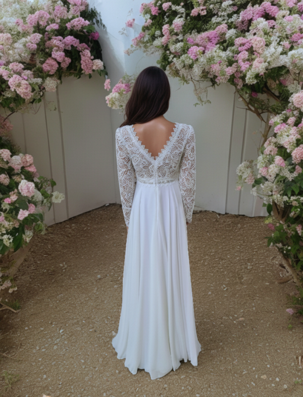 Horgolt csipke ujjas chiffon menyasszonyi ruha