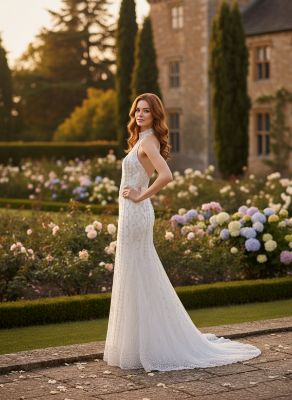 Magas nyakú sellő menyasszonyi ruha