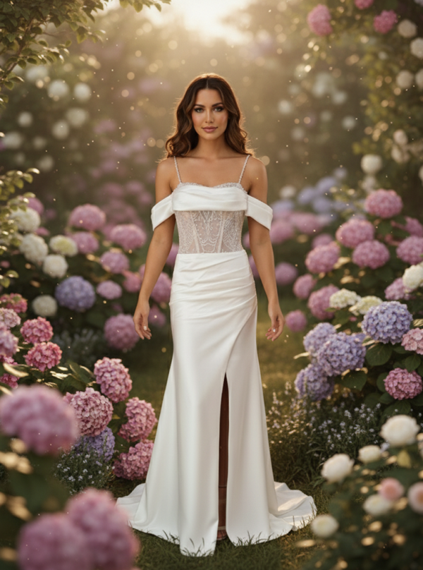 Ejtett vállas hasított menyasszonyi ruha