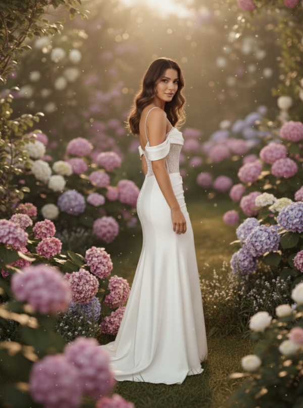 Ejtett vállas hasított menyasszonyi ruha