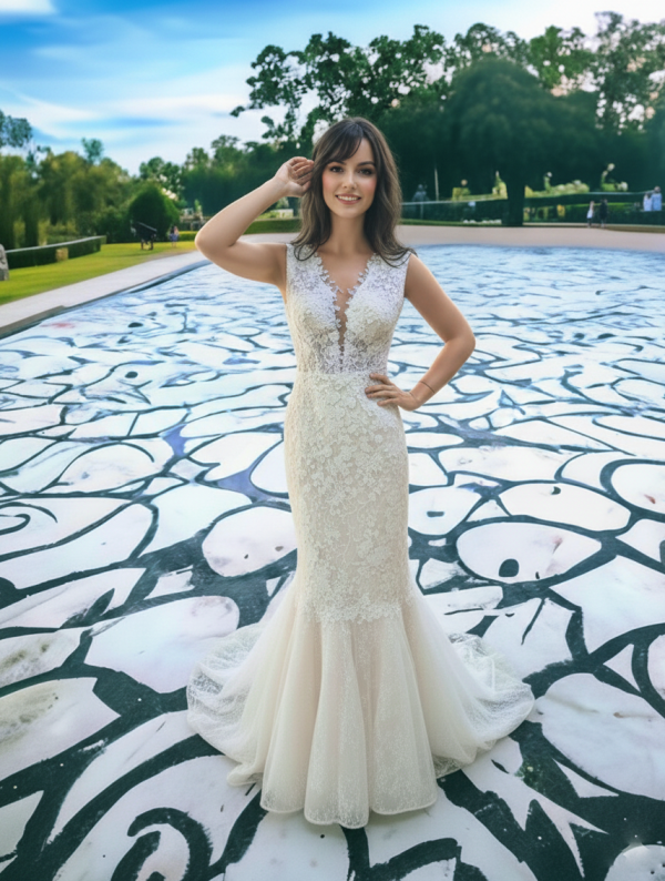 Nude 3d virágos sellő menyasszonyi ruha