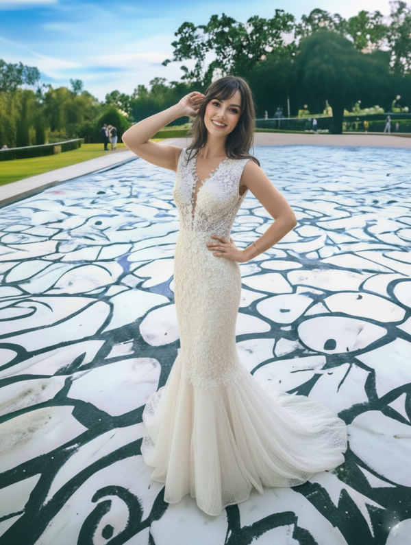 Nude 3d virágos sellő menyasszonyi ruha