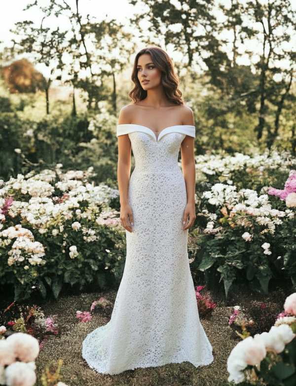 Ejtett vállas csipke menyasszonyi ruha