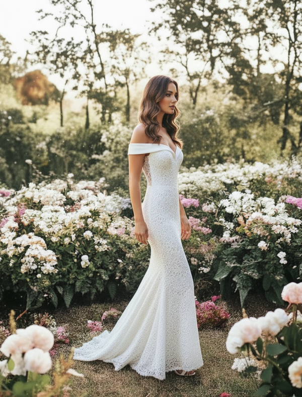 Ejtett vállas csipke menyasszonyi ruha