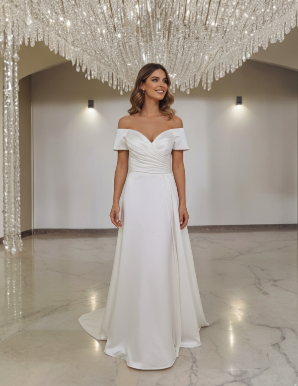 Ejtett vállas szatén menyasszonyi ruha