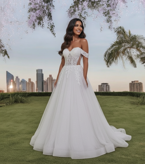 ejtett vállas tört fehér tüll menyasszonyi ruha