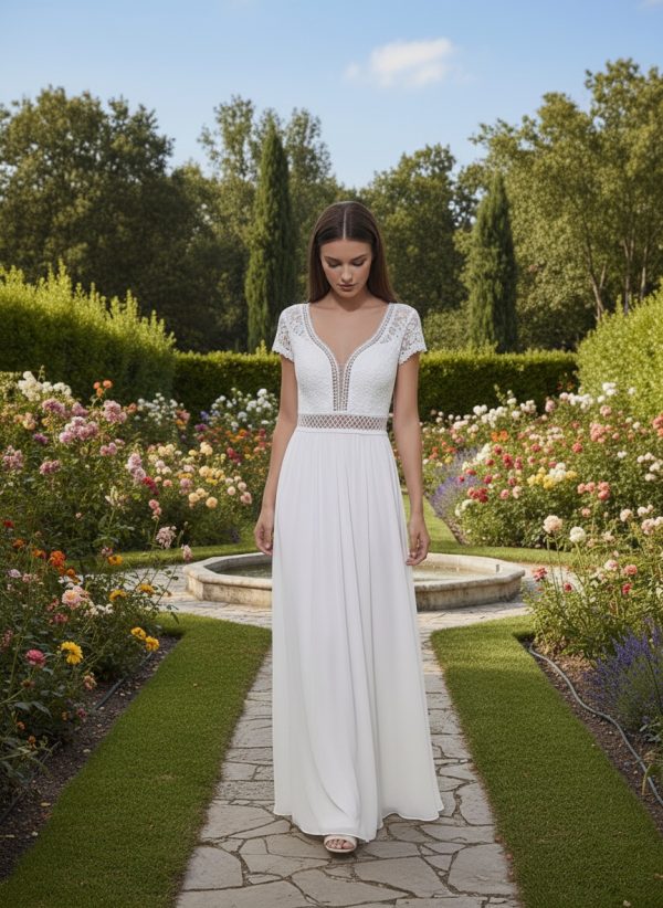 Tört fehér boho chiffon esküvői ruha