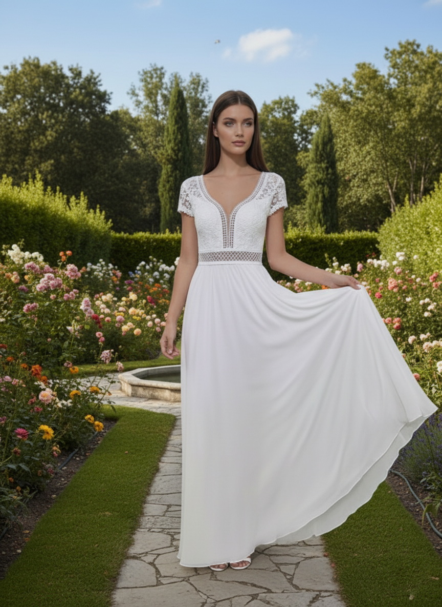 Tört fehér boho chiffon esküvői ruha