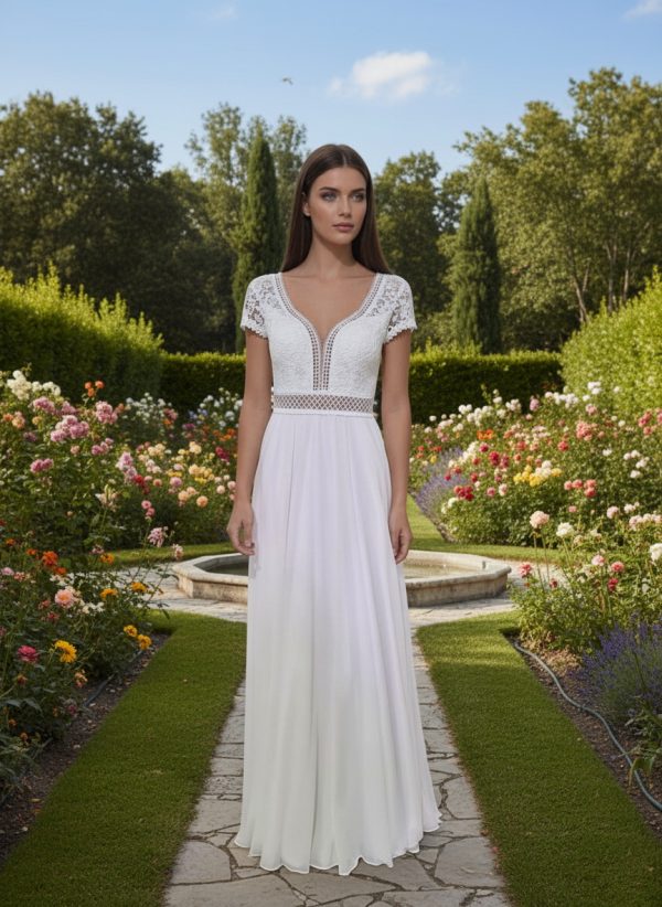 Tört fehér boho chiffon esküvői ruha