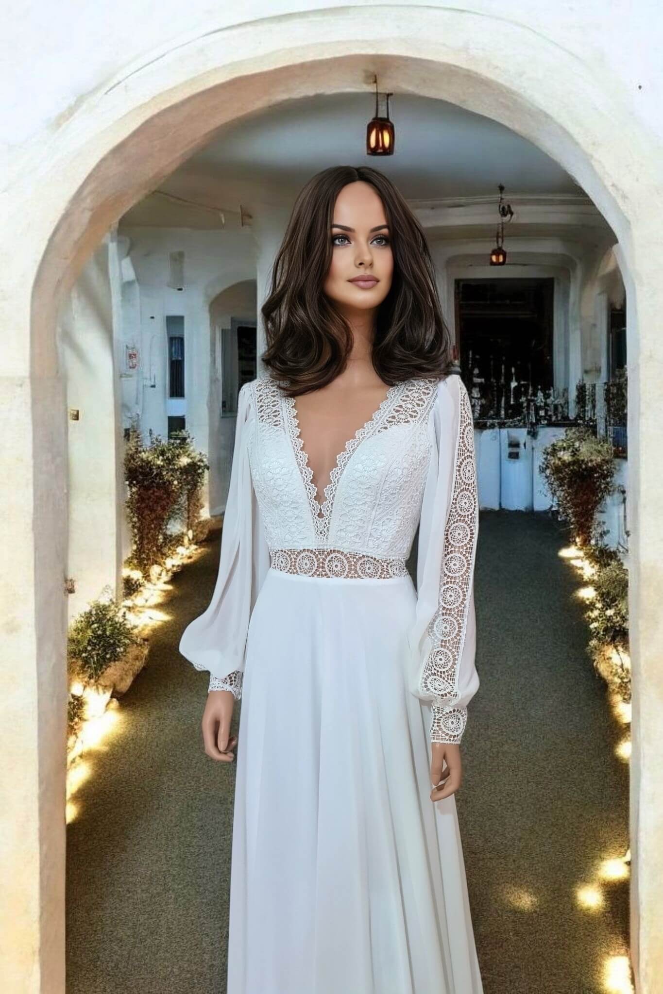 Bohó ujjas chiffon menyasszonyi ruha