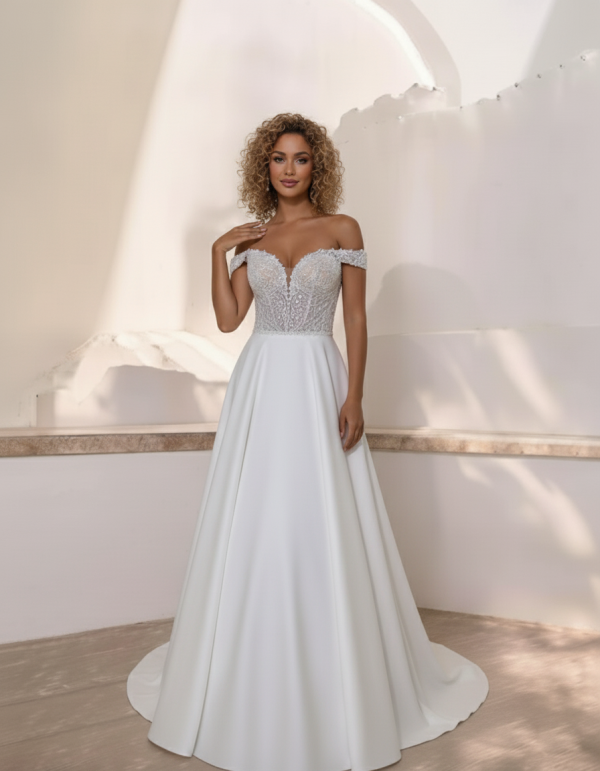 Ejtet vállas szatén menyasszonyi ruha