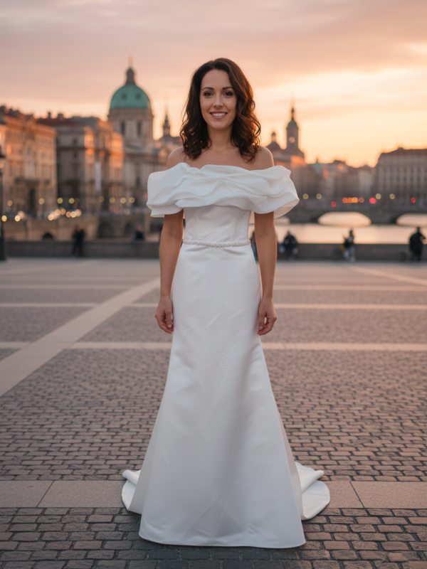 Fodros ejtett vállas szatén menyasszonyi ruha