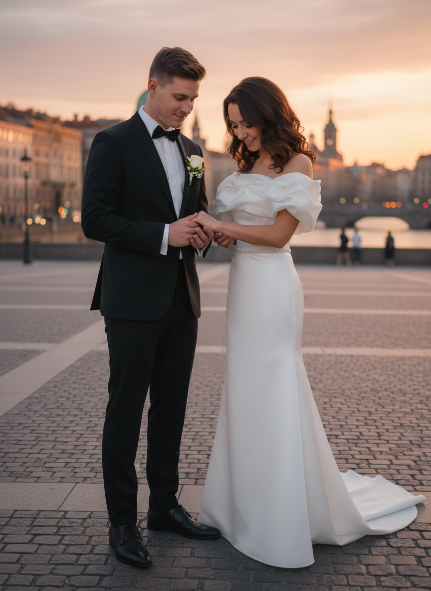 Fodros ejtett vállas szatén menyasszonyi ruha