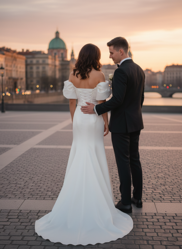 Fodros ejtett vállas szatén menyasszonyi ruha