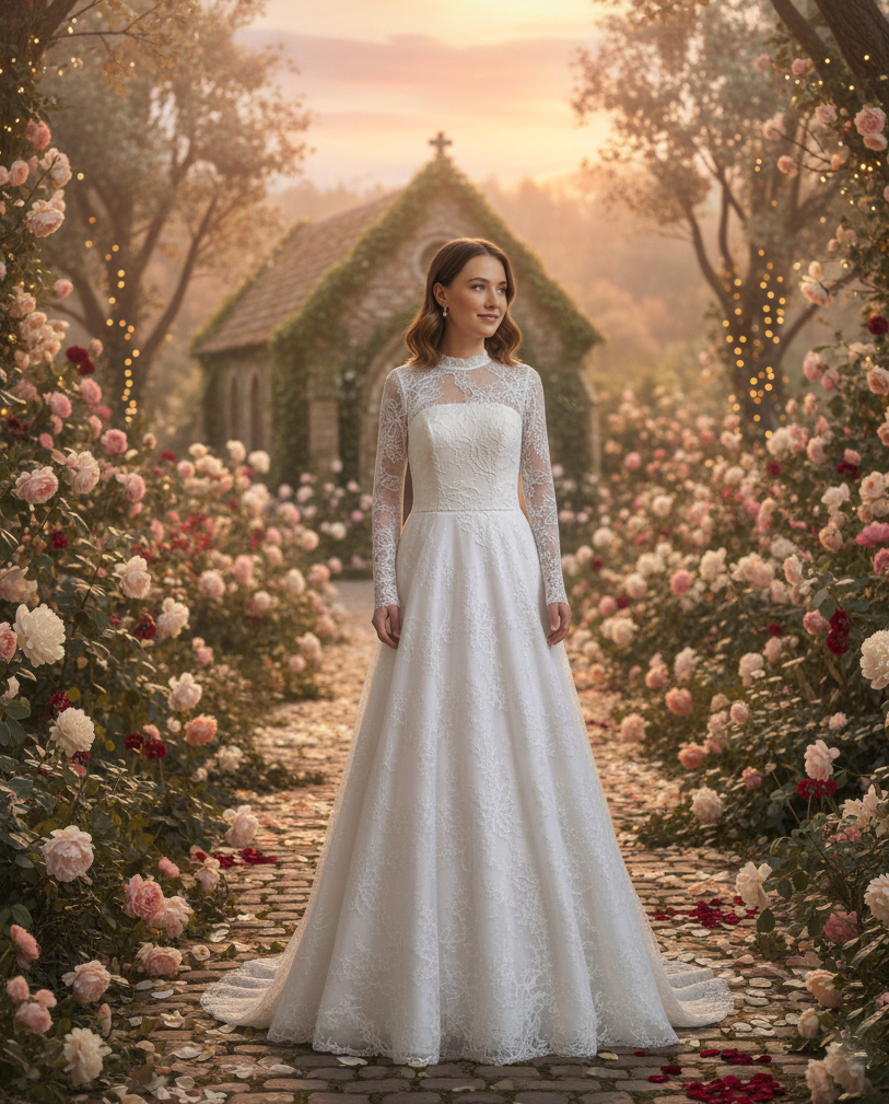 Romantikus klasszikus hosszú ujjú menyasszonyi ruha