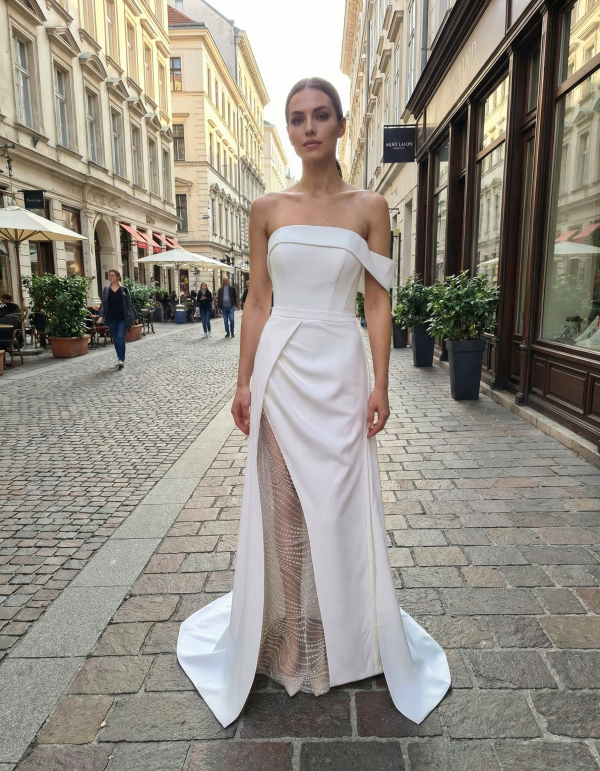 Modern elegáns hasított menyasszonyi ruha 