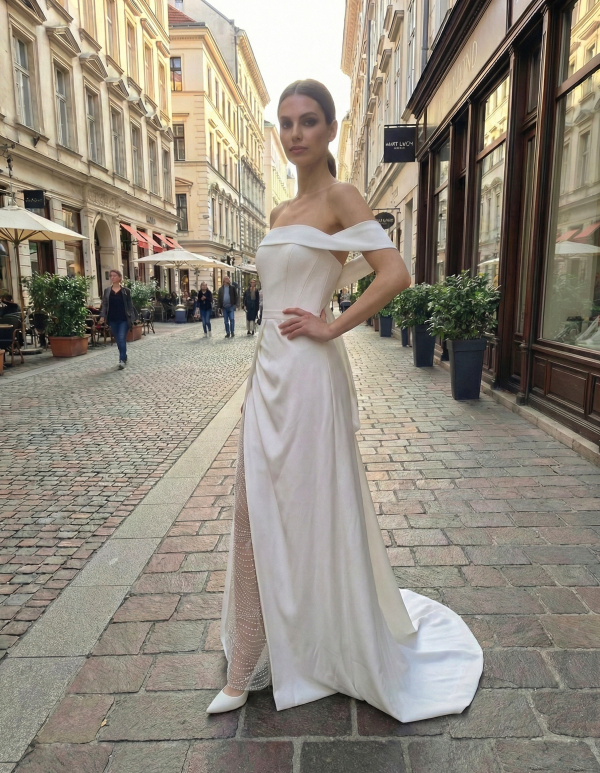 Modern elegáns hasított menyasszonyi ruha 