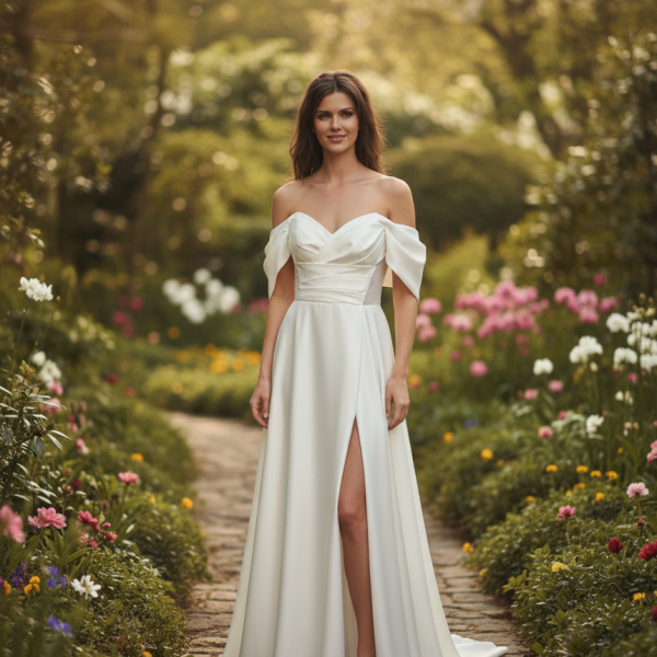 Hasított ejtett vállas szatén menyasszonyi ruha