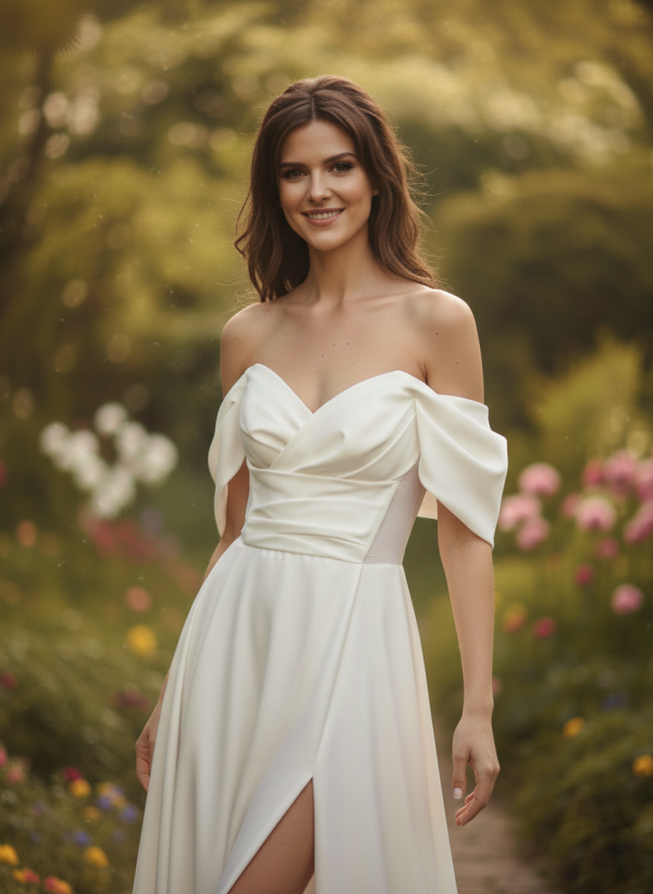 Hasított ejtett vállas szatén menyasszonyi ruha