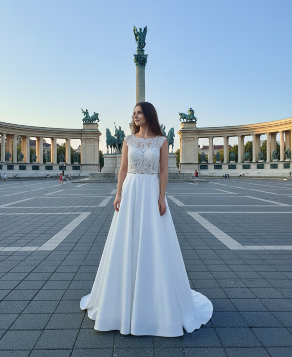 Zárt csipke felsős szatén menyasszonyi ruha