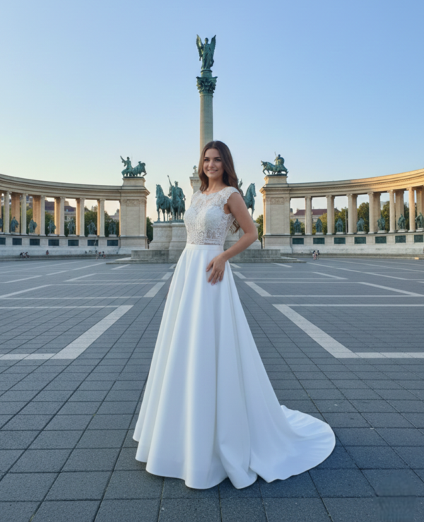 Zárt csipke felsős szatén menyasszonyi ruha