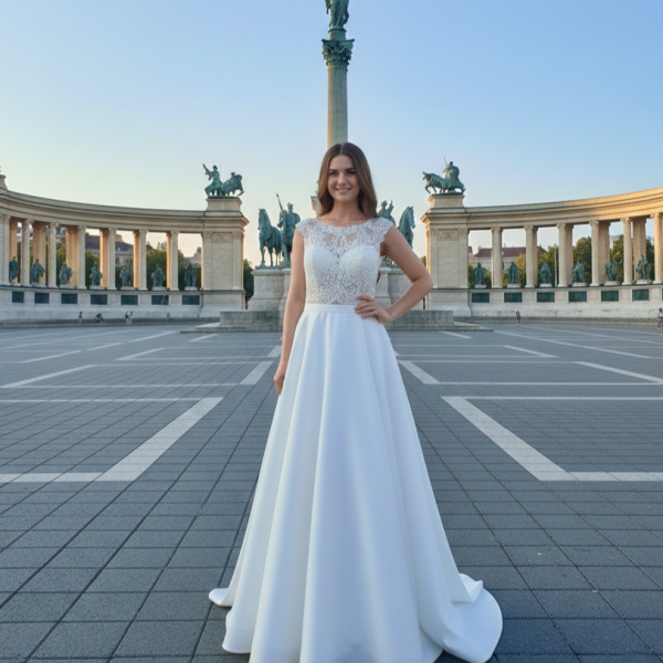 Zárt csipke felsős szatén menyasszonyi ruha