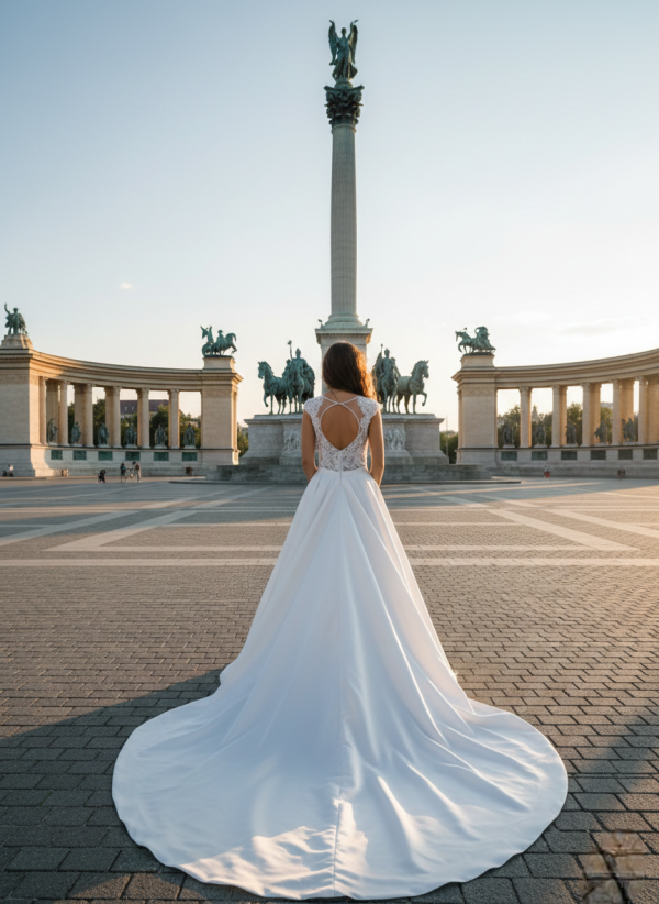Zárt csipke felsős szatén menyasszonyi ruha