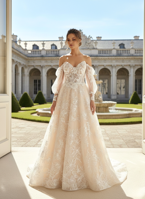 Nude színű csipke mintás tüll esküvői ruha