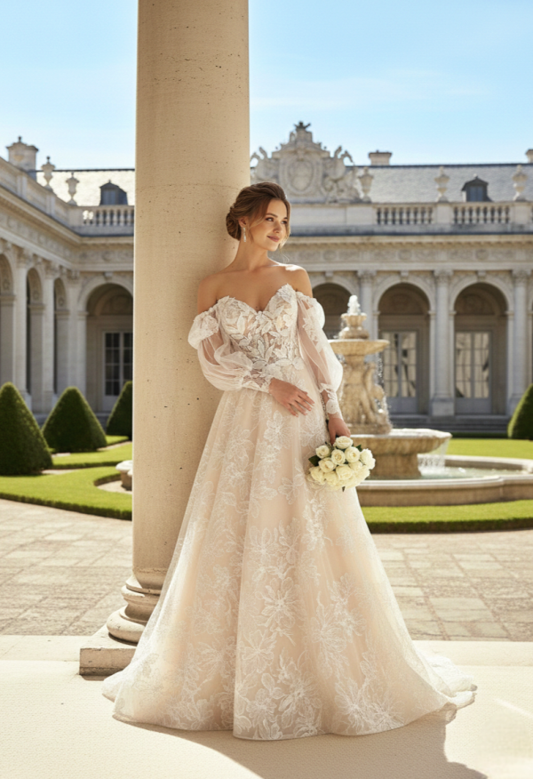 Nude színű csipke mintás tüll esküvői ruha