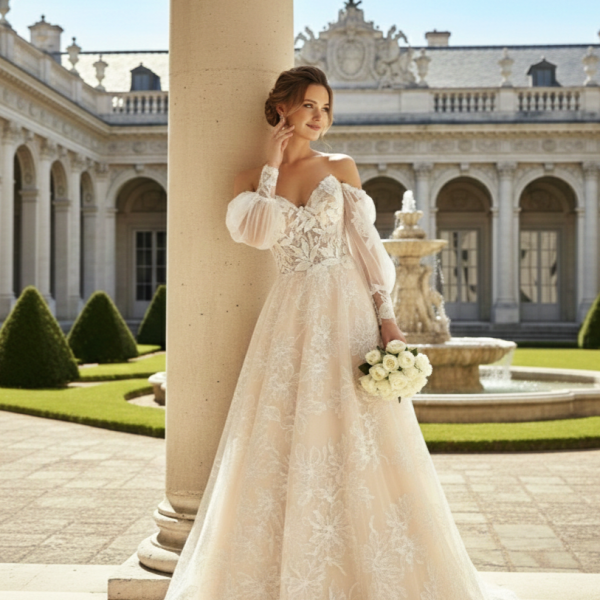 Nude színű csipke mintás tüll esküvői ruha