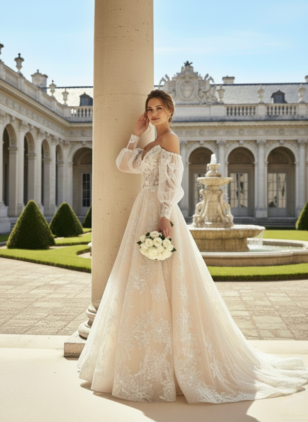 Nude színű csipke mintás tüll esküvői ruha