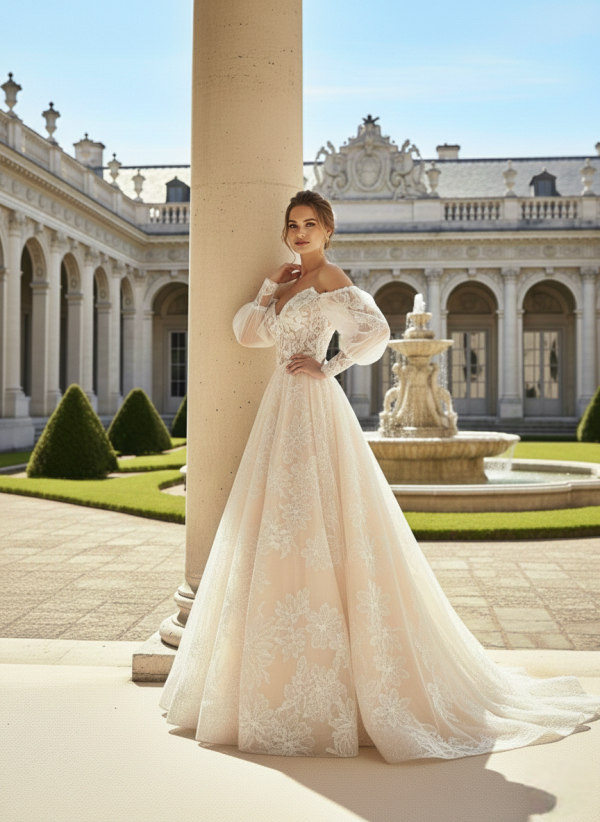 Nude színű csipke mintás tüll esküvői ruha