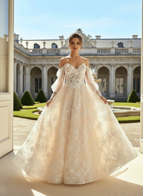 Nude színű csipke mintás tüll esküvői ruha