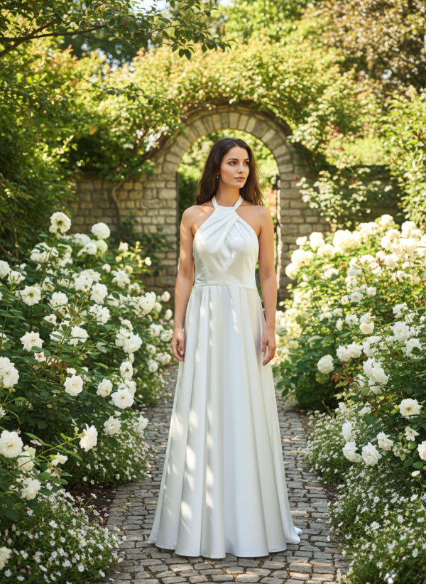 Magasnyakú szatén esküvői ruha