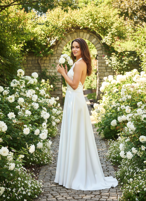 Magasnyakú szatén esküvői ruha