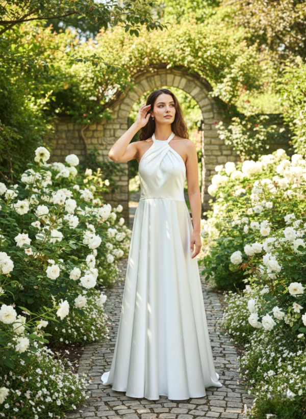 Magasnyakú szatén esküvői ruha