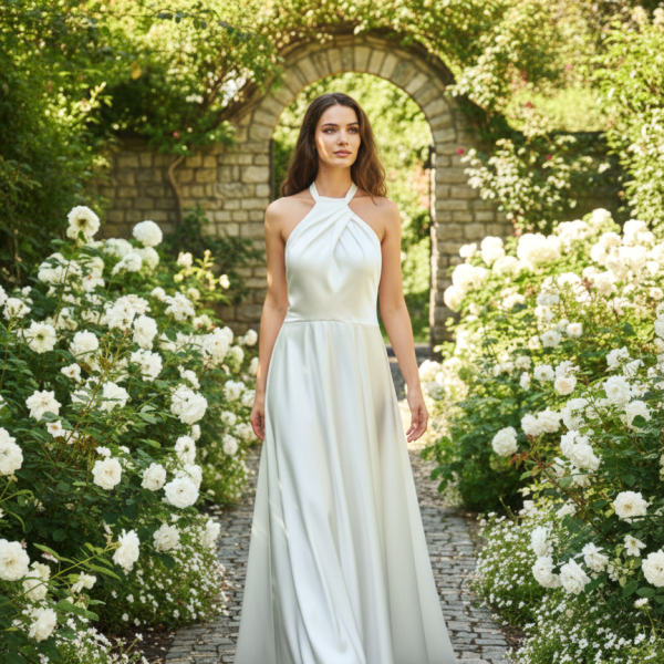 Magasnyakú szatén esküvői ruha