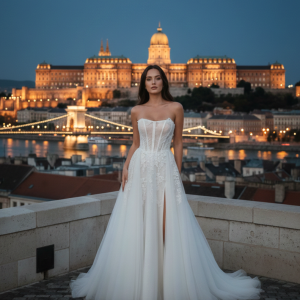 Két részes hasított csillámló tüll esküvői ruha