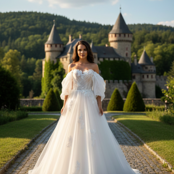 Ejtett vállas tüll menyasszonyi ruha