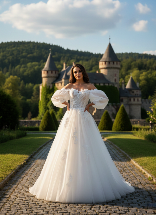 Ejtett vállas tüll menyasszonyi ruha