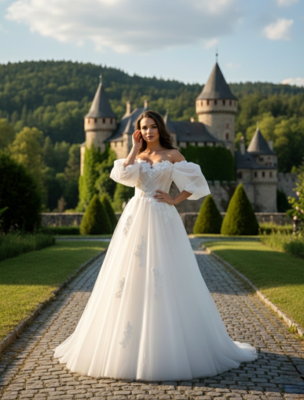 Ejtett vállas tüll menyasszonyi ruha