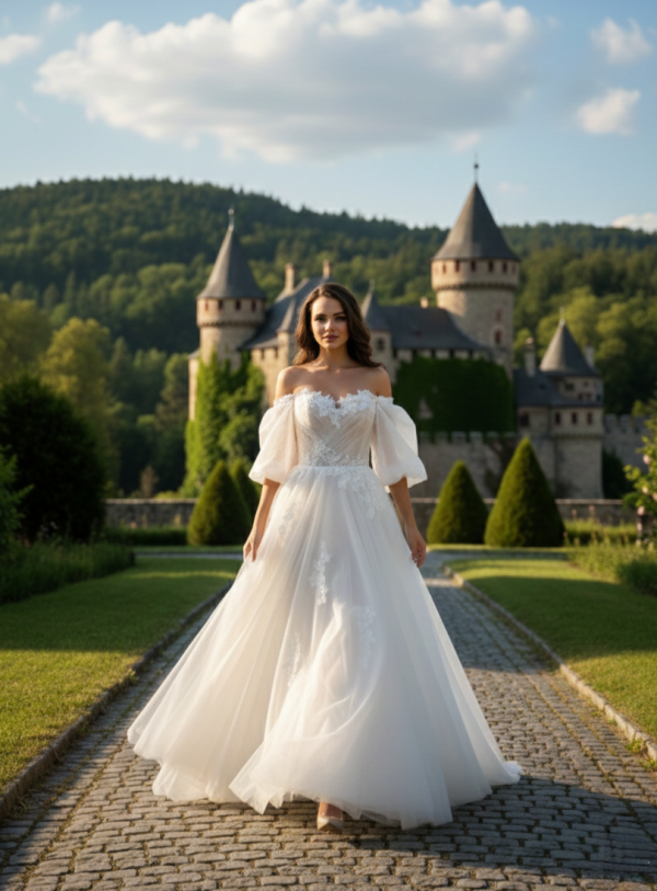 Ejtett vállas tüll menyasszonyi ruha