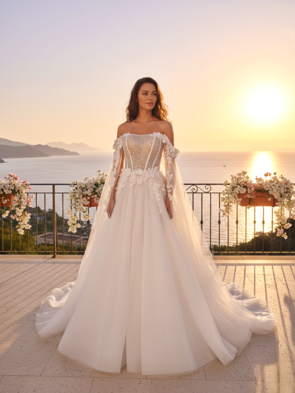 Ezüst csillámló tüll menyasszonyi ruha