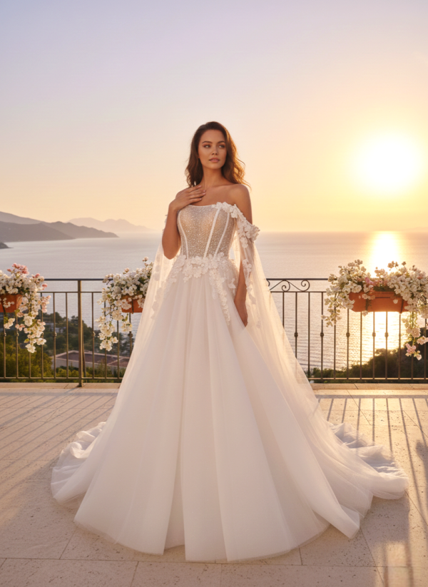 Ezüst csillámló tüll menyasszonyi ruha