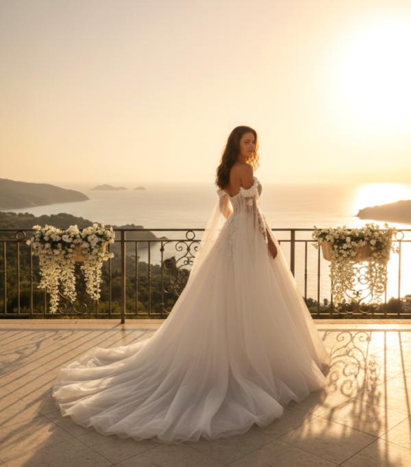 Ezüst csillámló tüll menyasszonyi ruha